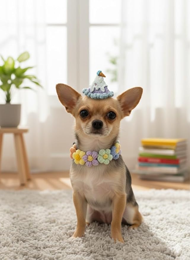 Handmade Dog Outfit– Ice Cream Cat Hat & Floral Wreath Dog Collar for Rabbits, Cats and Small to Medium Dogs, Adjustable Cute Cat Outfit for Birthday, Holiday, Daily Wear & Photos