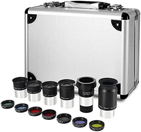 CelticBird 1.25" Eyepiece and Filter Set with a Carry Case-Telescope Accessory Kit (13 Piece) - 5pcs Plossl Eyepieces & 5pcs Color Filters & a 2X Barlow Lens & a Moon Filter & a Polarizing Filter