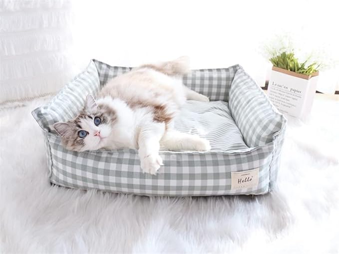 Original Rectangular Pet Bed Soft Cotton Dog Kennel with Non Slip Bottom, Removable Calming Sofa for Small Medium Dogs and Cats, Universal for All Seasons Cream S