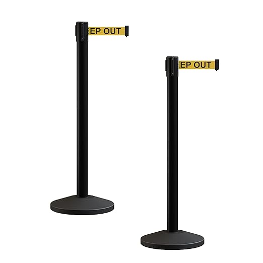 Crowd Control Warehouse CCW Series RBB-100 - Set of 2 Stanchion Retractable Belt Barriers - 7.5 Foot, Yellow"Danger - Keep Out" Black Letters Belt with Black Post - Easy Assembly