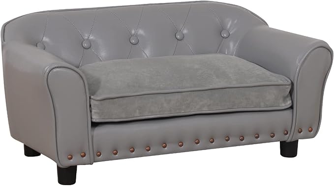 Dog Couch,Puppy Bed,Cat Sofa,Cat Couch,Pet Sofa,Dog Chair,Small Pet Bed,with Copper Nail and Wooden Frame, Leather Fabric and Cushion,for Small Animals Using (Grey)