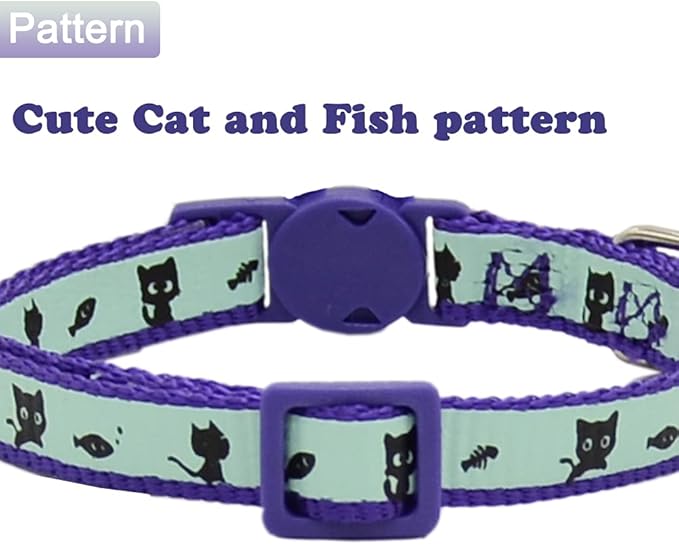2 Pack Glow in The Dark Cat Collar with Bell Breakaway Safety Cat Puppy Collars with Pendant Purple and Black