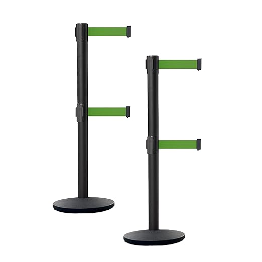 Crowd Control Warehouse CCW Set of 2 Dual Retractable Belt Barrier Stanchion, Cast Iron Base Black Post, IRBB-100D (9 Belt, Green Belt)