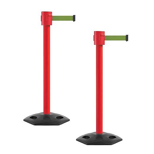 Montour Line MSR760 Set of 2 Retractable Belt Barrier Stanchion, Rubber Base, Red Post (35 ft Olive Belt)