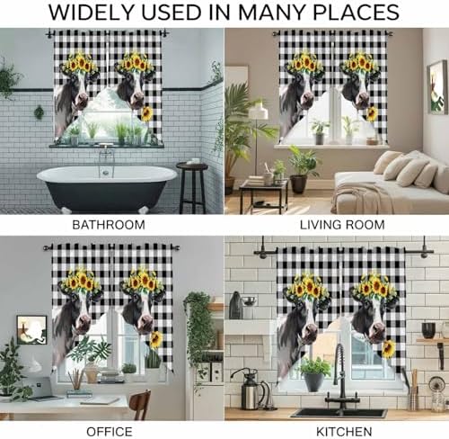 Sunflowers Cow Swag Curtain Valances, Kitchen Valance for Window, Farm Animal Black Buffalo Plaid Rod Pocket Topper Drapes for Bathroom Bedroom Living Room 2 Panels Window Treatment 36"x63"