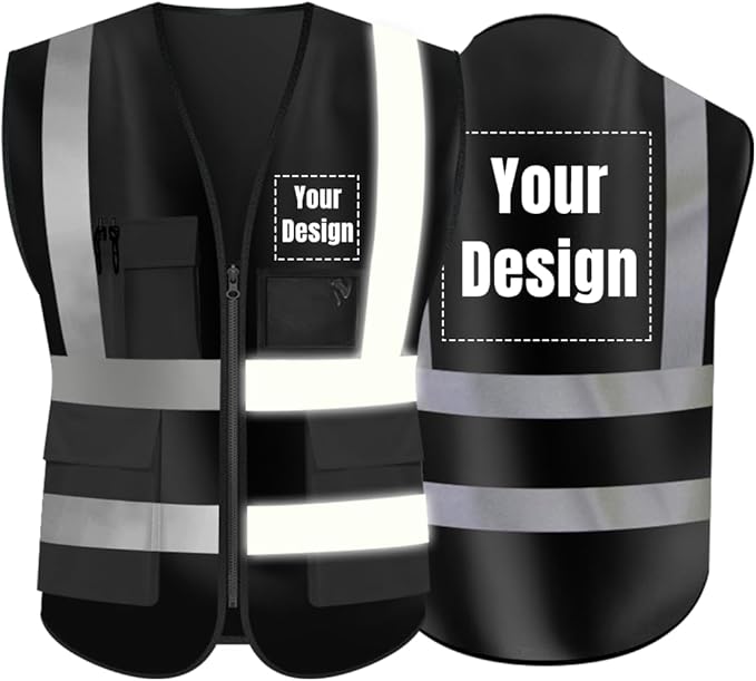 YOWESHOP High Visibility Safety Vest Custom Your Logo Protective Workwear 5 Pockets With Reflective Strips Outdoor Work Vest (Black (S))