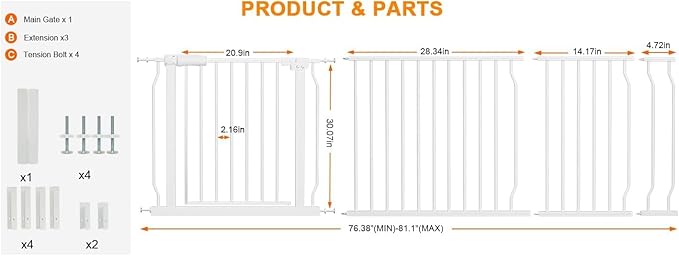 HOOEN Extra Wide Baby Gate for Doorways Stairs 76.38-86.3 Inch Large Long Pressure Mounted Dog Gates Indoor Walk Through Child Gates for Kids or Pets White Safety Gate (White, 76.38-86.3")