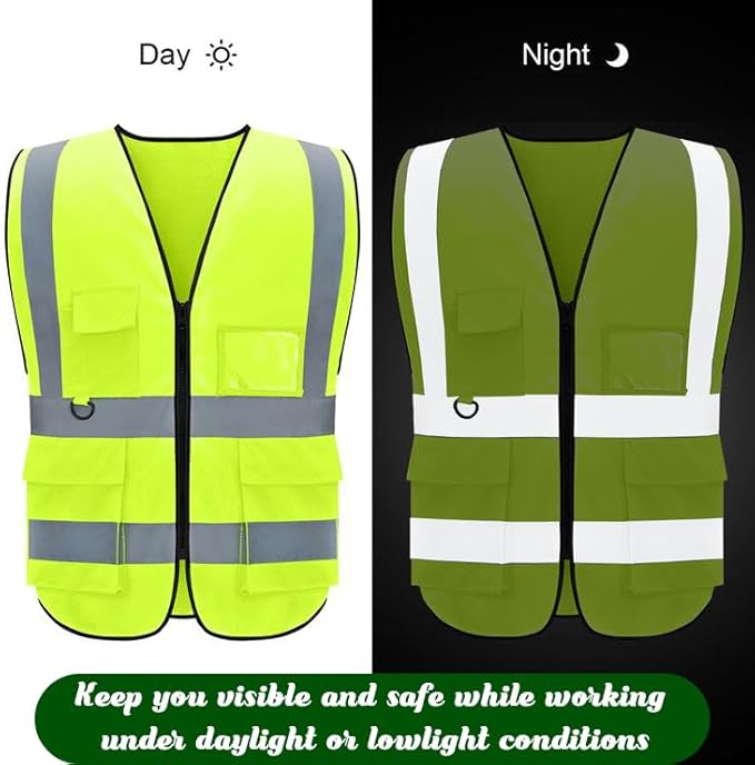 BeautyWill Safety Vest 5 Pack Customize Logo Class 2 High Visibility Reflective Vest with 5 Pockets Construction Security Work Vest ANSI/ISEA Standards（Yellow，XL）
