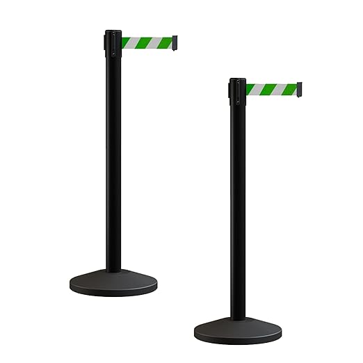 Crowd Control Warehouse CCW Series RBB-100 - Set of 2 Stanchion Retractable Belt Barriers - 11 Foot, Green and White Diagonal Belt with Black Post - Easy Assembly