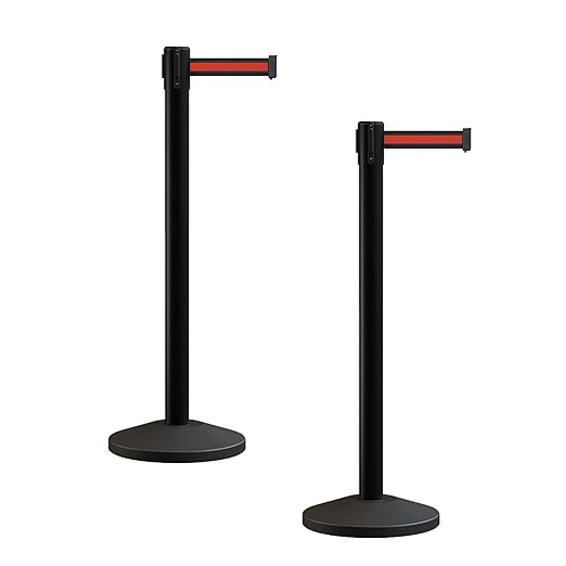 Crowd Control Warehouse CCW Series RBB-100 - Set of 2 Stanchion Retractable Belt Barriers - 9 Foot, Black Horizontal Red Stripe Belt with Black Post - Easy Assembly