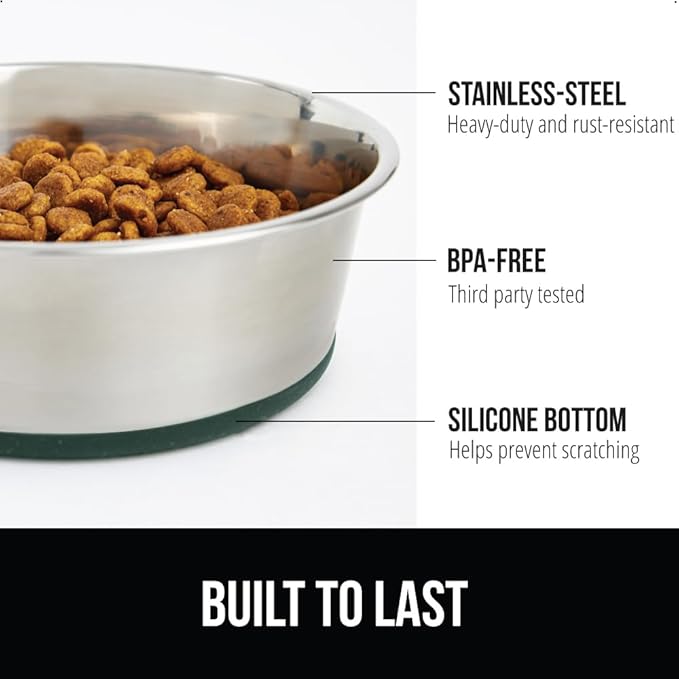 GORILLA GRIP Dog Bowls, Holds 2 Cups Each (16 fl oz), Heavy Duty Stainless Steel Food and Water Bowl for Feeding Dogs and Cats, Dishwasher Safe, Rust Resistant, BPA Free Rubber Base, Set of 2 Green