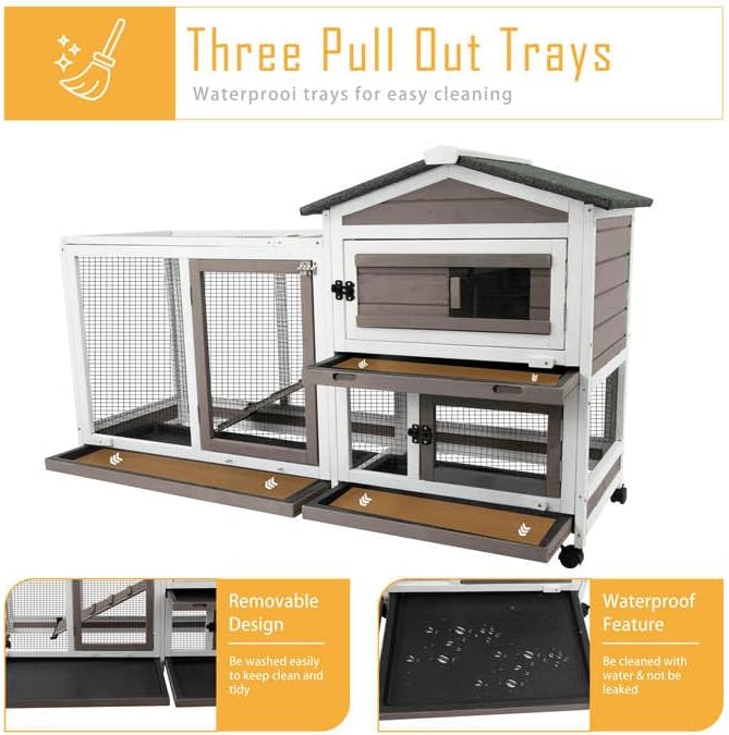 PetsCosset 57" L Rabbit Hutch Indoor Outdoor 2 Story Large Bunny Hutch with Run Guinea Pig Cage Wooden Rabbit Cage with Removable 3 Pull Out Trays Pet House for Small-Medium Animals