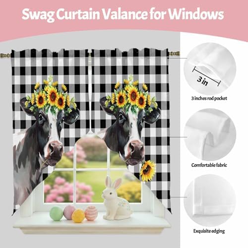 Sunflowers Cow Swag Curtain Valances, Kitchen Valance for Window, Farm Animal Black Buffalo Plaid Rod Pocket Topper Drapes for Bathroom Bedroom Living Room 2 Panels Window Treatment 36"x63"