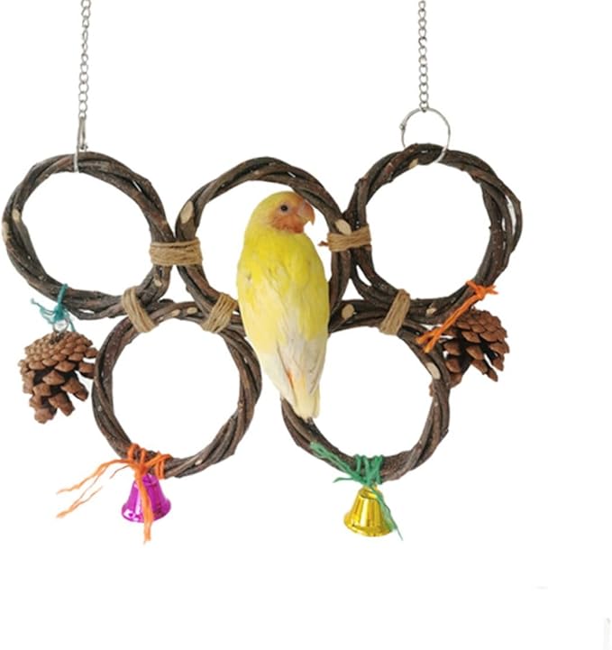 Circle Straw Bird Swing Stand Bird Perches Stand Hanging Chewing Toy for Parrots Bird Playground Cage Accessories Climbing Rope Net Ladders for Foraging Toys（Random Color） (3 Rings)