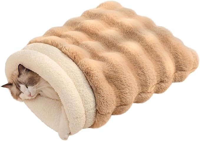 Self-Warming Cat Sleeping Bag, Enclosed Hooded Snuggle Sack with Dual-Side Plush Cat Cave Bed, Portable Foldable Pet Sleeping Pod for Indoor & Travel, Anti-Static, 21.7"x17.7"Coffee