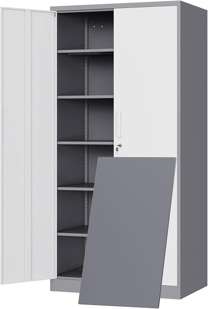 Yizosh Metal Storage Cabinet with 2 Locking Doors and 5 Adjustable Shelves, 72" Garage Storage Cabinet Steel Lockable for Office,Home,Garage