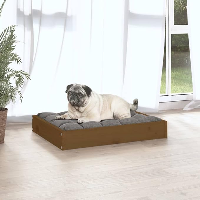 Solid Pine Wood Dog Bed for Small Breeds, Honey Brown Durable Pet Bed with Easy Assembly and Comfortable Mattress, 24.2x19.3x3.5 Inches Indoor Furniture for Beagles Dachshunds