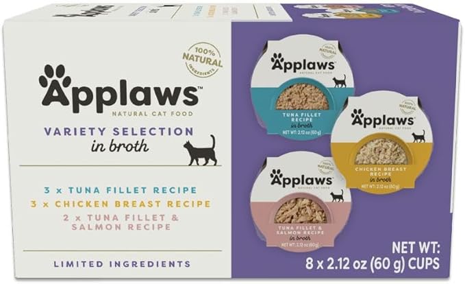 Applaws Natural Wet Cat Food in Broth, Limited and Natural Ingredients, High Protein with No Artificial Additives, Variety Pack in Broth (8 x 2.12 oz Easy-Open Cups)
