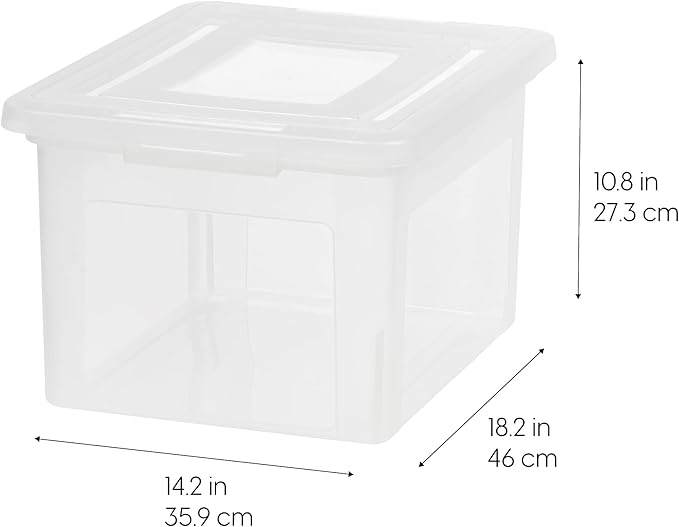 IRIS USA File Box, Plastic File Boxes With Lids, Document Organizer for Letter/Legal File, Document Box, Storage Bin For Hanging Files, Secure Latching Lid Stackable BPA-Free, Clear 35 Qt. 1 Pack