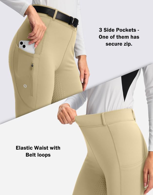 SANTINY Women's Horse Riding Pants Zipper Pockets Silicone Full-Seat Breeches Equestrian Schooling Tights for Women
