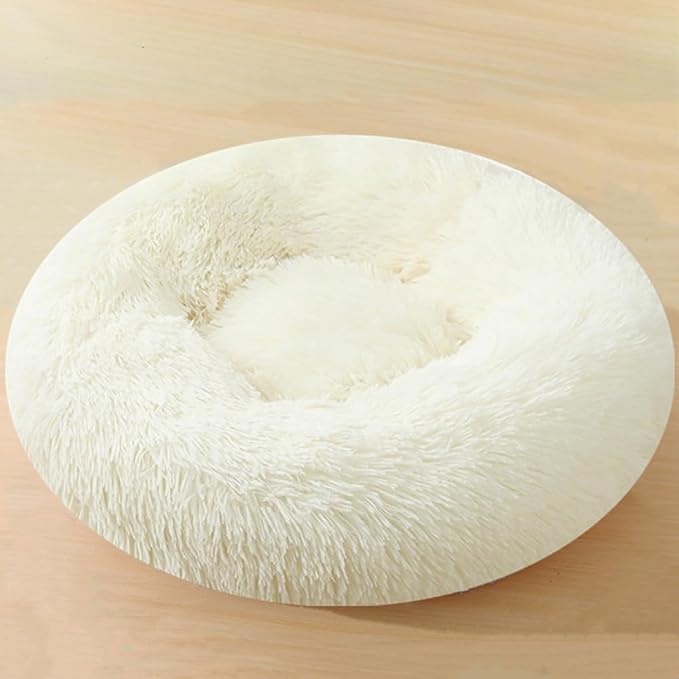 Calming Large Dog Bed & Cat Bed, 43 Inch Anti-Anxiety Donut Dog Cuddler Cat Bed, Warming Cozy Soft Dog Round Bed, Fluffy Faux Fur Machine Washable Pet Cushion for Medium Dogs & Cats (White)