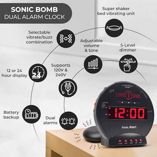 Sonic Bomb Dual Extra Loud Alarm Clock with Bed Shaker, Black | Sonic