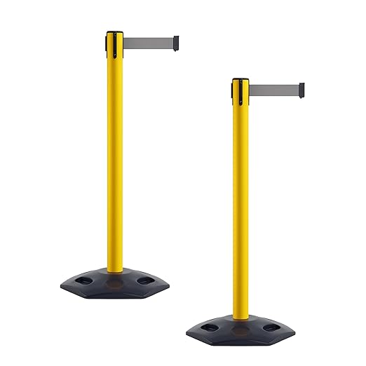Crowd Control Warehouse CCW Series WBB-200 - Set of 2 Stanchion Retractable Belt Barriers - 11 Foot, Light Grey Belt with Yellow Post - Easy Assembly