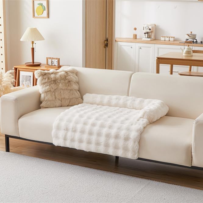 Calming Dog Bed Mat, Fluffy Fuzzy Couch Cover for Sofa, Winter Thickened Pet Mat with Anti-Slip Bottom Warm Soft Cushion Washable Pet Bed for Small Dogs and Cats (White, 75x75cm/29.5x29.5in)