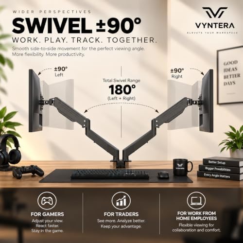 Dual Monitor Arm Stand – Adjustable Gas Spring Desk Mount for 2 Computer Screens, Full Motion Monitor Stand with Dual Clamp Base, Landscape & Portrait Rotation, Tilt & Swivel, Cable Management