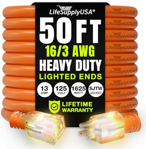 50ft Outdoor/Indoor Extension Cord 16/3 Gauge Heavy Duty 3 Prong SJTW, Waterproof, Flexible Cold-Resistant Long Power Cord,13A 125V 1625W, Orange by LifeSupplyUSA