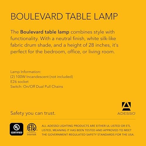 Adesso 2-Light Table Lamp, Brushed Steel & White, Dual Pull Chains, 28”