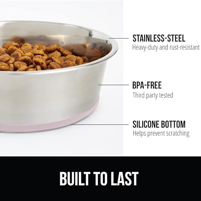 GORILLA GRIP Set of 2 Dog Bowls, Holds 6 Cups (48 fl oz), Heavy Duty Metal Food and Water Bowl for Feeding Dogs and Cats, Dishwasher Safe, Rust Resistant Stainless Steel, BPA Free Rubber Base, Lt Pink
