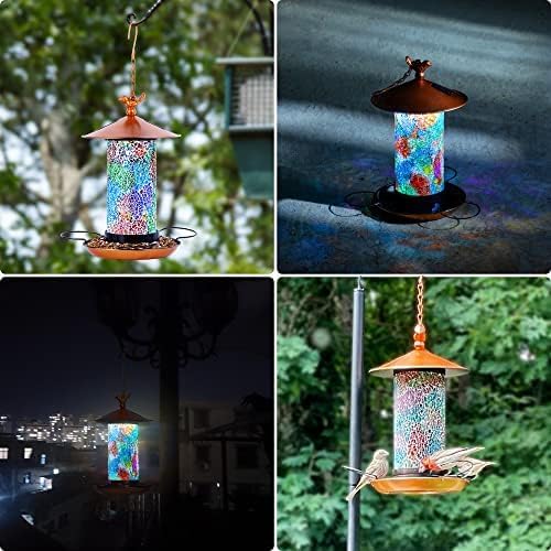 Ottsuls Mosaic Solar Bird Feeder for Outdoors Hanging, Waterproof Lantern Shape with S-Hook & 4 LED Lights, Garden Decor for Lawn, Patio, Balcony, Yard - Unique Gifts for Bird Lovers