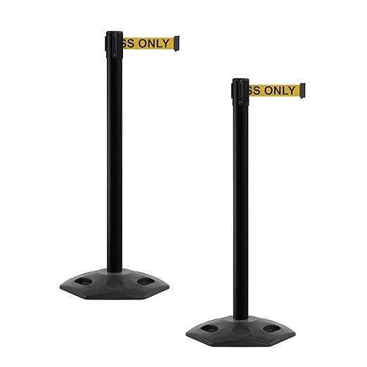 Crowd Control Warehouse CCW Series WBB-200 - Set of 2 Stanchion Retractable Belt Barriers - 11 Foot, Yellow with"Authorized Access ONLY" Black Letters Belt with Black Post - Easy Assembly