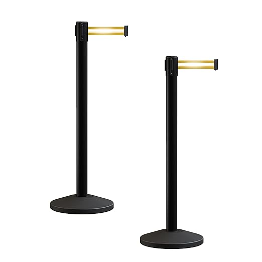 Crowd Control Warehouse CCW Series RBB-100 - Set of 2 Stanchion Retractable Belt Barriers - 7.5 Foot, Yellow Horizontal Reflective Stripe Belt with Black Post - Easy Assembly