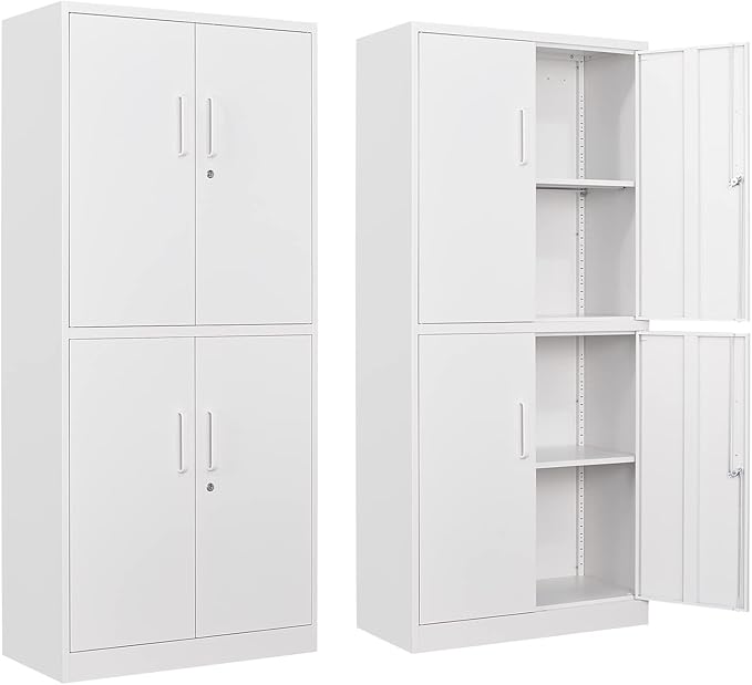 Yizosh Metal Storage Locking Cabinet with 4 Doors and 2 Adjustable Shelves,71" Lockable Garage Tall Steel Cabinet,for Home Office,Living Room,Pantry,Gym,Commercial Storage (White)