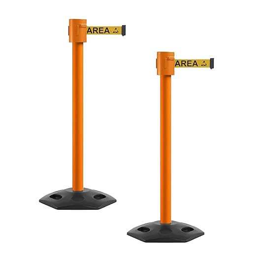 Montour Line MSR760 Set of 2 Retractable Belt Barrier Stanchion, Rubber Base, Orange Post (35 ft Yellow with"ESD Protected Area" Black Letter ESD Logo Belt)