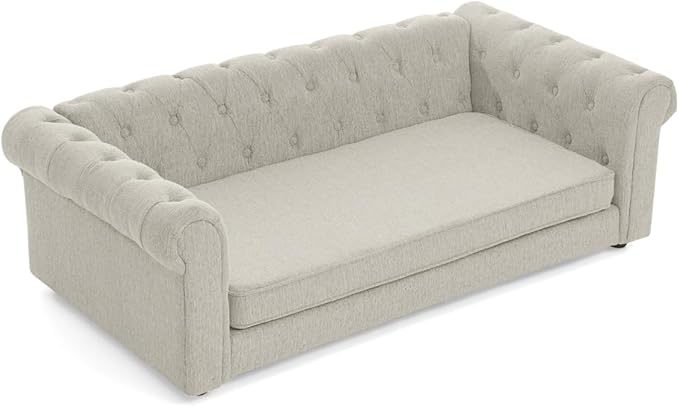 55" Elevated Dog Sofa Couch for Large and Oversized Dogs, Comfortable Linen Fabric Pet Bed with Thick Cushion, Durable Raised Dog Couch with Tufted Armrests, Stylish Modern Pet Furniture