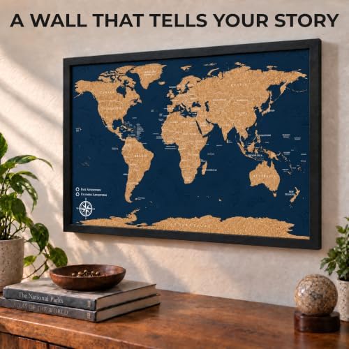 Large Push Pin World Travel Map – 30" x 20" Framed Cork Board Wall Art, Modern World Map with 200 Unique Pins for Tracking Adventures, A Premium Gift for Travelers, Couples and Families