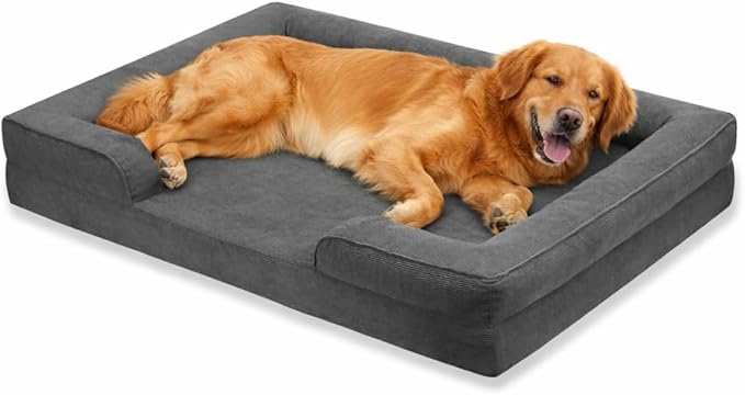 Gray Corduroy Orthopedic Dog Bed with Bolster – Memory Foam, Washable Removable Cover, Non-Slip Bottom (Medium)