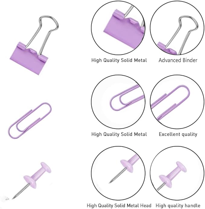 Purple Binder Clips and Paper Clips Push Pins Tacks Sets, Total 72 PCS Assorted Sizes Office Supplies Set for Women, Student, School, Home & Desk Supplies