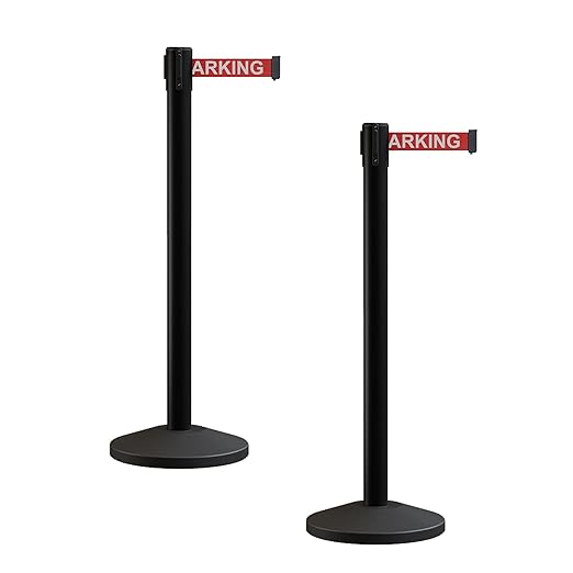 Crowd Control Warehouse CCW Series RBB-100 - Set of 2 Stanchion Retractable Belt Barriers - 9 Foot, Red"NO Parking" White Letters Belt with Black Post - Easy Assembly