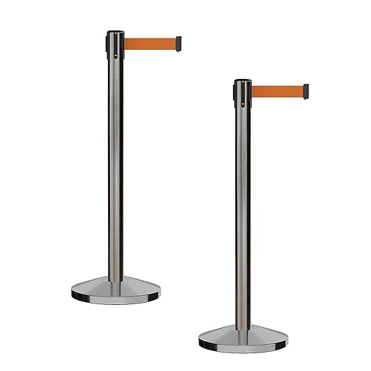 CCW Series RBB-100 - Set of 2 Stanchion Retractable Belt Barriers (11 Foot Belt, Orange Belt with Satin Stainless Steel Post)