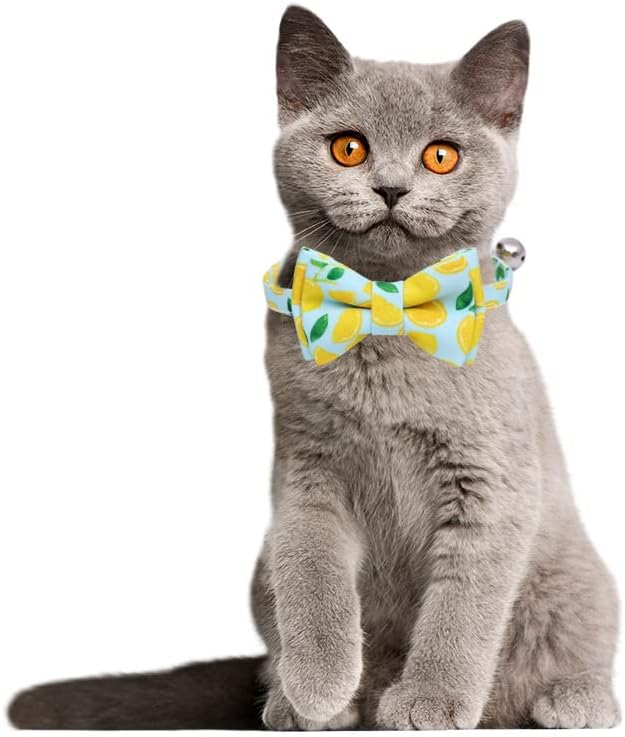 2-Pack Breakaway Cat Collars with Removable Double-Layer Bow Tie and Bell for Boy and Girl Cats,Safety Kitten Collars Suitable for Festivals and Daily. (Lemon&Pineapple)