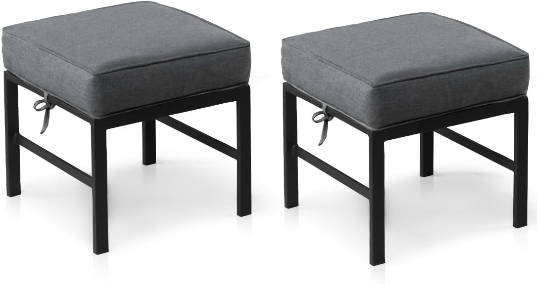 2 Pieces Outdoor Ottomans for Patio, Assembled Aluminum Outdoor Ottoman with Gray Cushions, Aluminum Small Outdoor Foot Stools for Patio Porch Yard Garden Deck, Black Frame