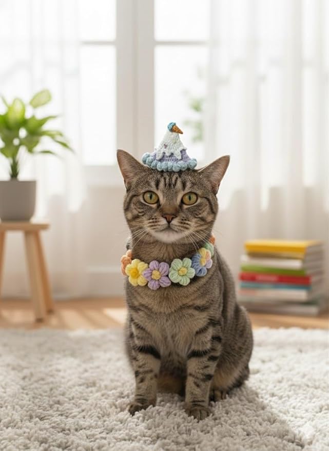 Handmade Dog Outfit– Ice Cream Cat Hat & Floral Wreath Dog Collar for Rabbits, Cats and Small to Medium Dogs, Adjustable Cute Cat Outfit for Birthday, Holiday, Daily Wear & Photos
