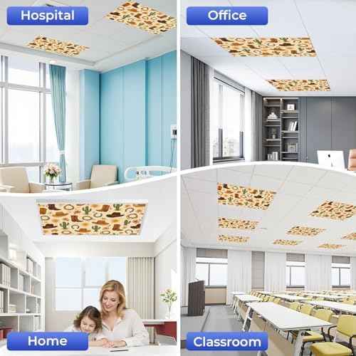 6-Pack Fluorescent Light Covers for Ceiling Lights Western Desert Cowboy Hats Boots Flowers Magnetic Light Filters Decorative for Classroom Office Hospital Home 4x2 Ft