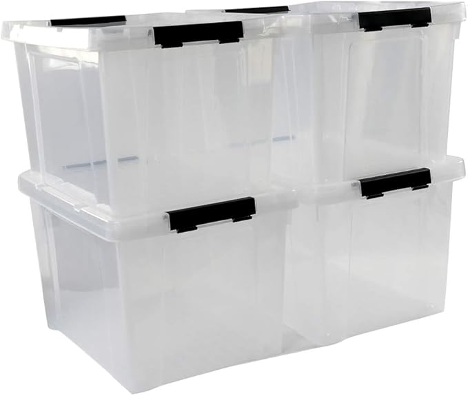 Ggbin 34 Quart Clear Lidded Storage Container Tote, Plastic Storage Box Bin with Black Latch, 4 Packs