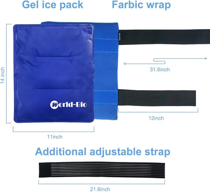 WORLD-BIO Large Gel Ice Pack Wrap for Injuries, Reusable Cold Compress Therapy Ice Pack with Straps for Swelling, Bruises, Hip, Knee Replacement Surgery, Back, Shoulder,11" x 14" Blue