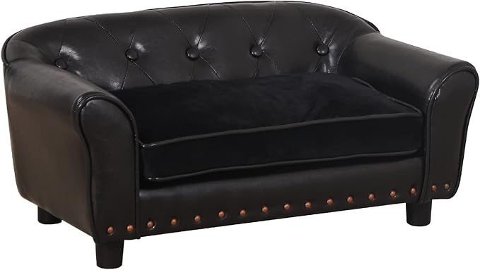 Dog Couch,Puppy Bed,Cat Sofa,Cat Couch,Pet Sofa,Dog Chair,Small Pet Bed with Copper Nail and Wooden Frame, Leather Fabric and Cushion,for Small Animals Using (Black)